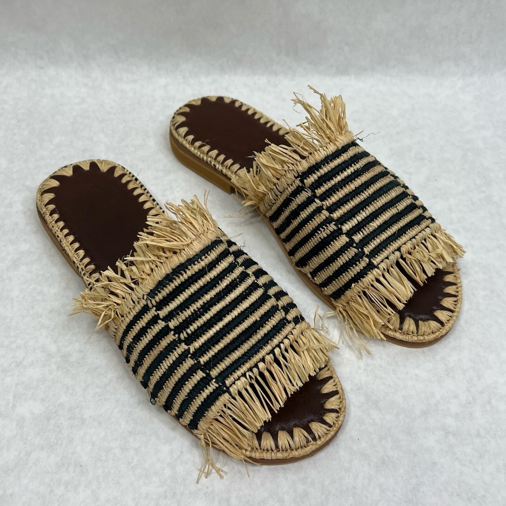 Raffia Slipper Sandals Handwoven in Morocco - Navy & Natural Raffia Stripe -Sz 7